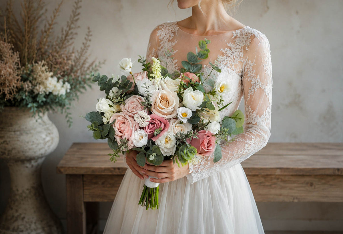 Dusty Pink Silk Wedding Bouquet, Wildflower Artificial Bridal Flowers