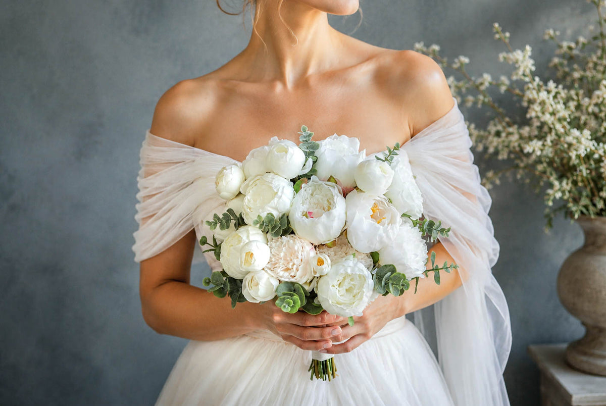 White Peony Silk Wedding Bouquet, Elegant Artificial Bridal Flowers