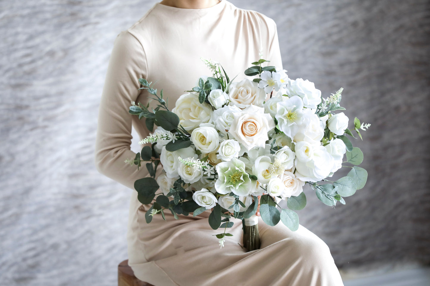 White and Sage Silk Wedding Bouquet, Eucalyptus Artificial Bridal Flowers