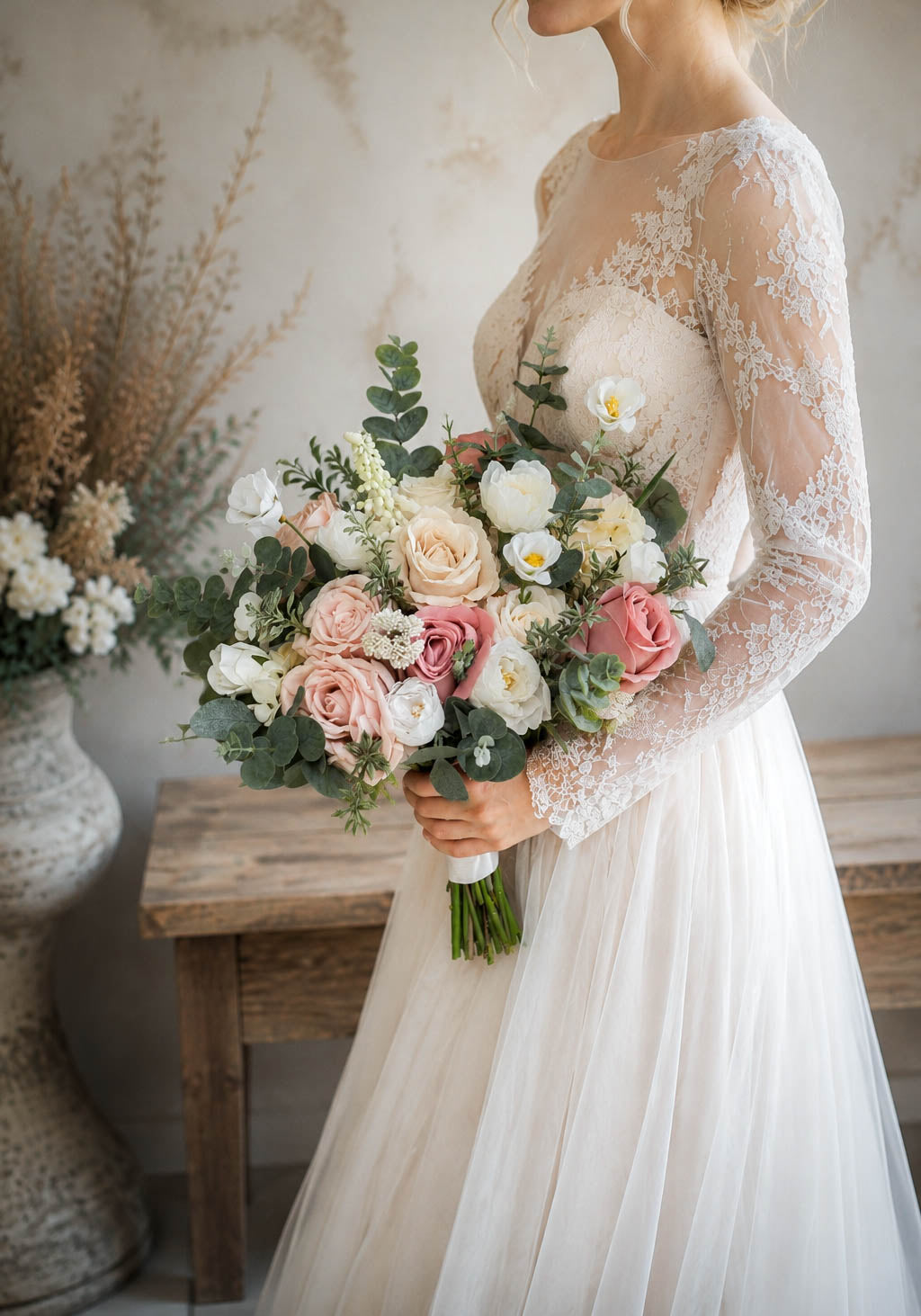 Dusty Pink Silk Wedding Bouquet, Wildflower Artificial Bridal Flowers