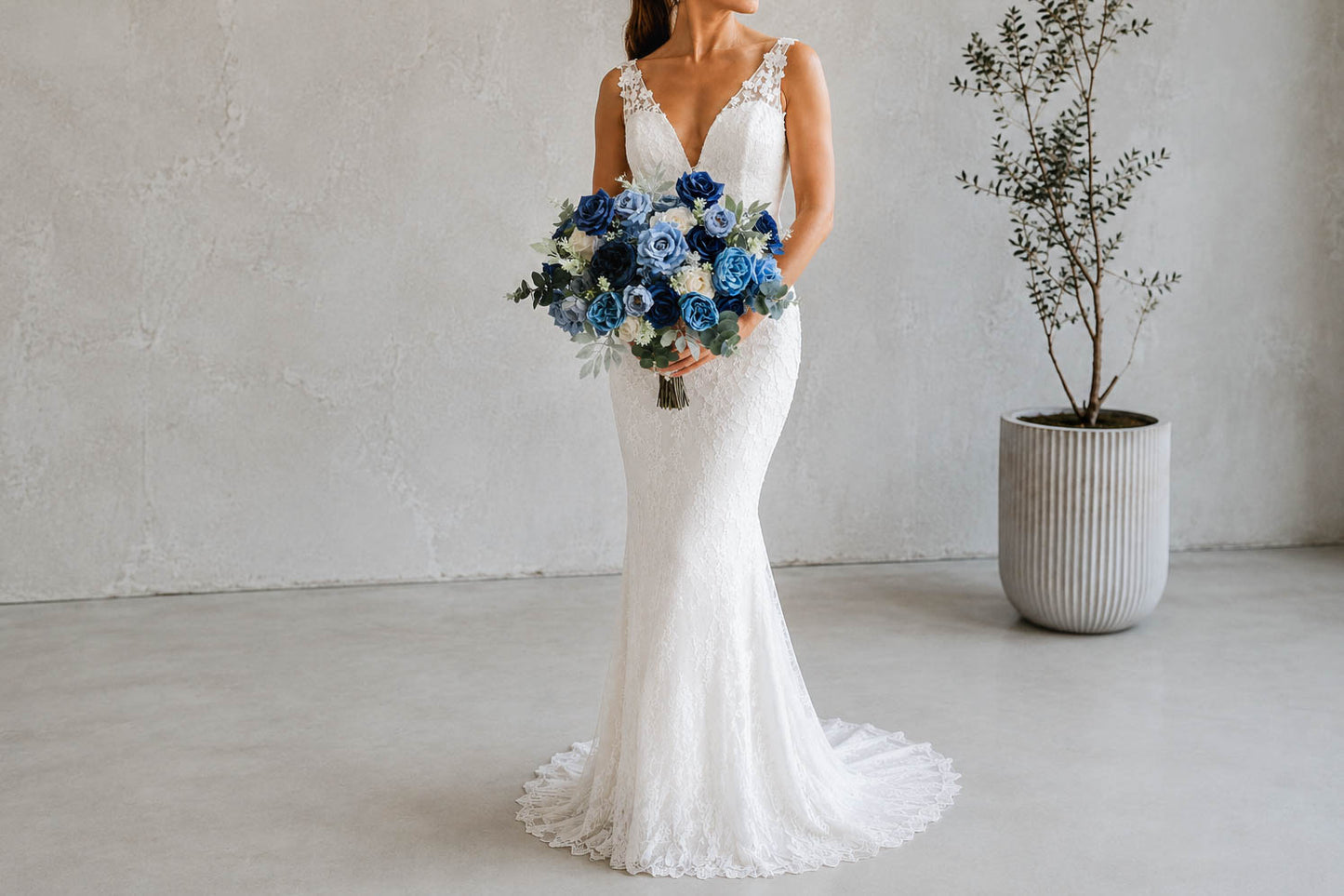 Dusty Blue Silk Wedding Bouquet, Navy Blue Bridal Flowers