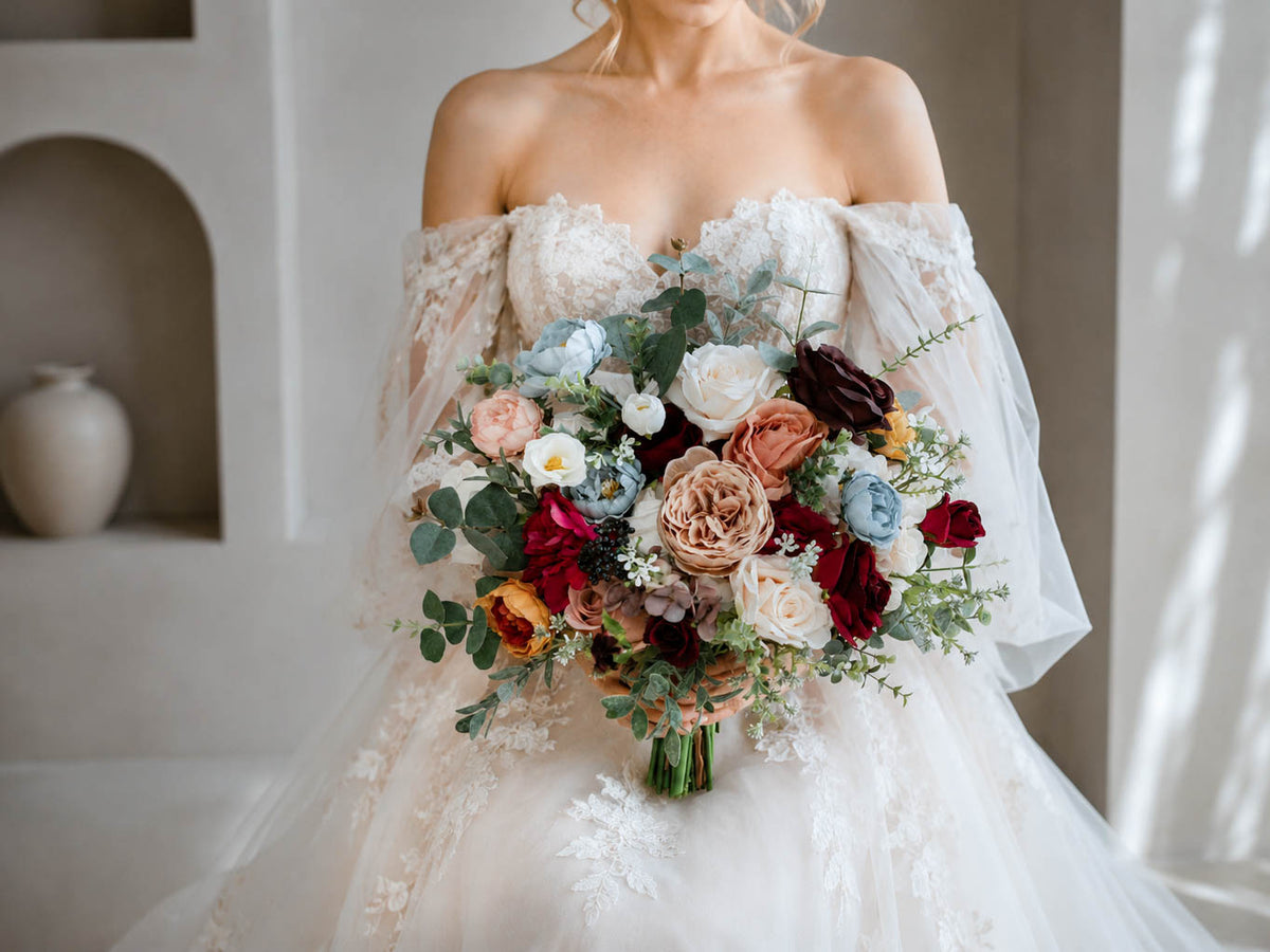 Burgundy and Blush Pink Silk Wedding Bouquet, Romantic Artificial Bridal Flowers