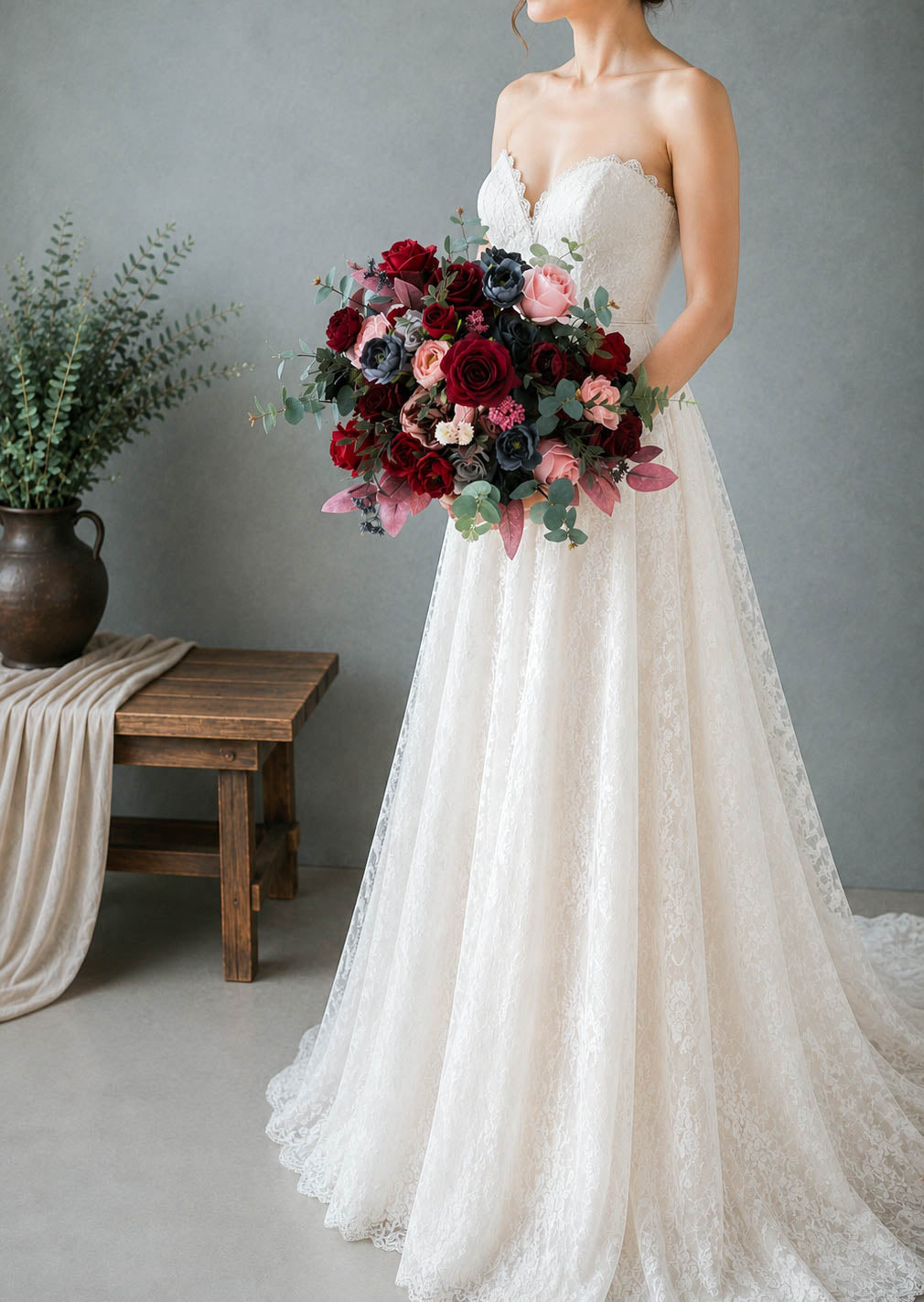Burgundy Blush & Navy Silk Wedding Bouquet, Dusty Rose Bridal Bouquet