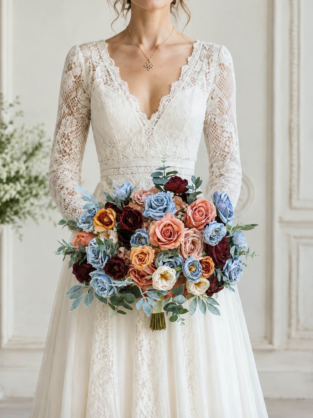 Dusty Blue and Blush Wedding Bouquet, Burgundy Silk Bridal Flowers