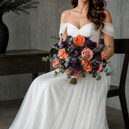 Dark purple and terracotta silk wedding bouquet with roses and mixed blooms