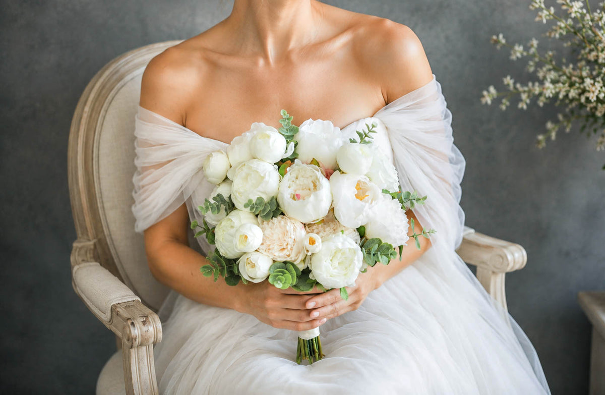 White Peony Silk Wedding Bouquet, Elegant Artificial Bridal Flowers