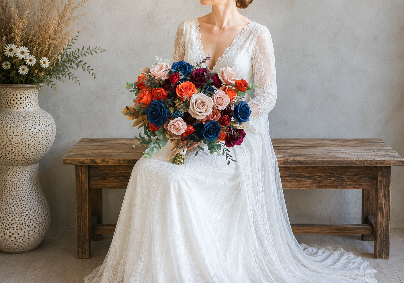 Moody Jewel Tone Wedding Bouquet, Burgundy Orange Navy Silk Bridal Flowers