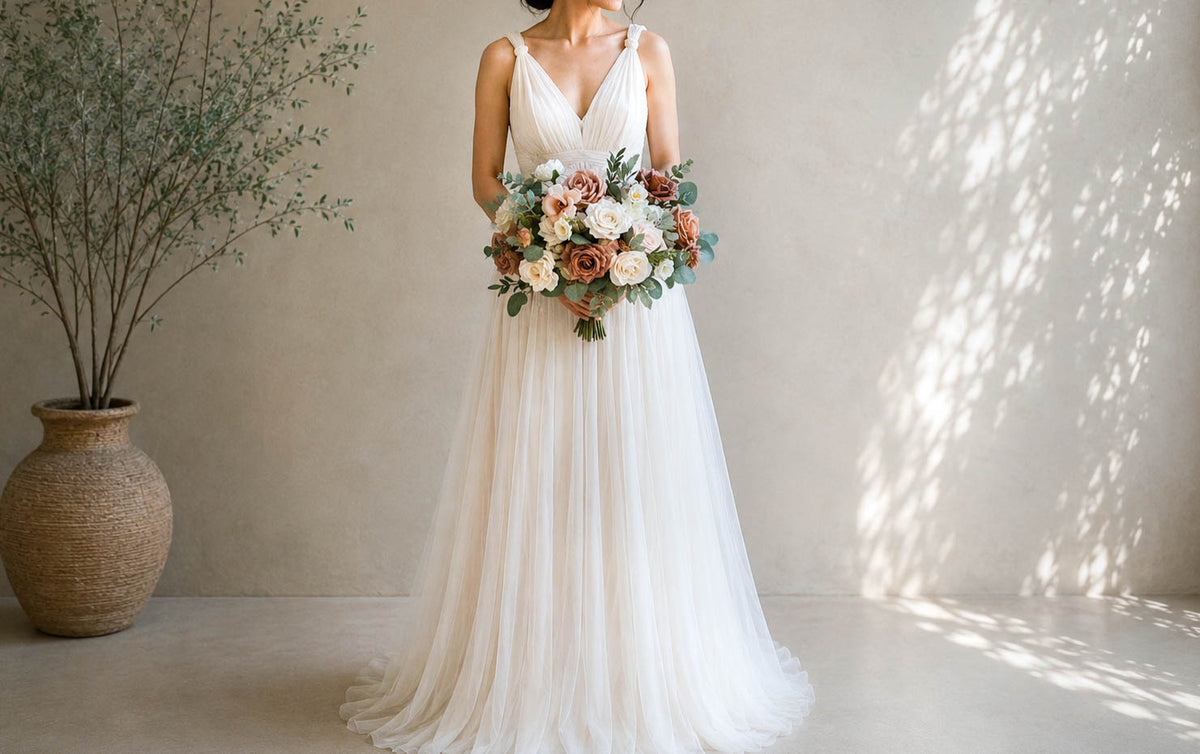 Neutral Artificial Wedding Bouquet, Quicksand Toffee Roses, Silk Bridal Flowers