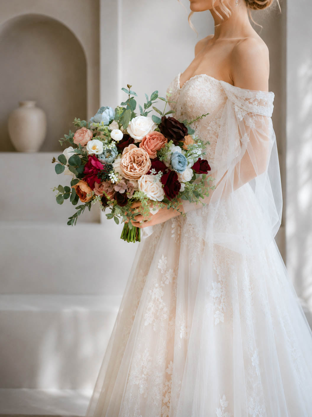 Burgundy and Blush Pink Silk Wedding Bouquet, Romantic Artificial Bridal Flowers