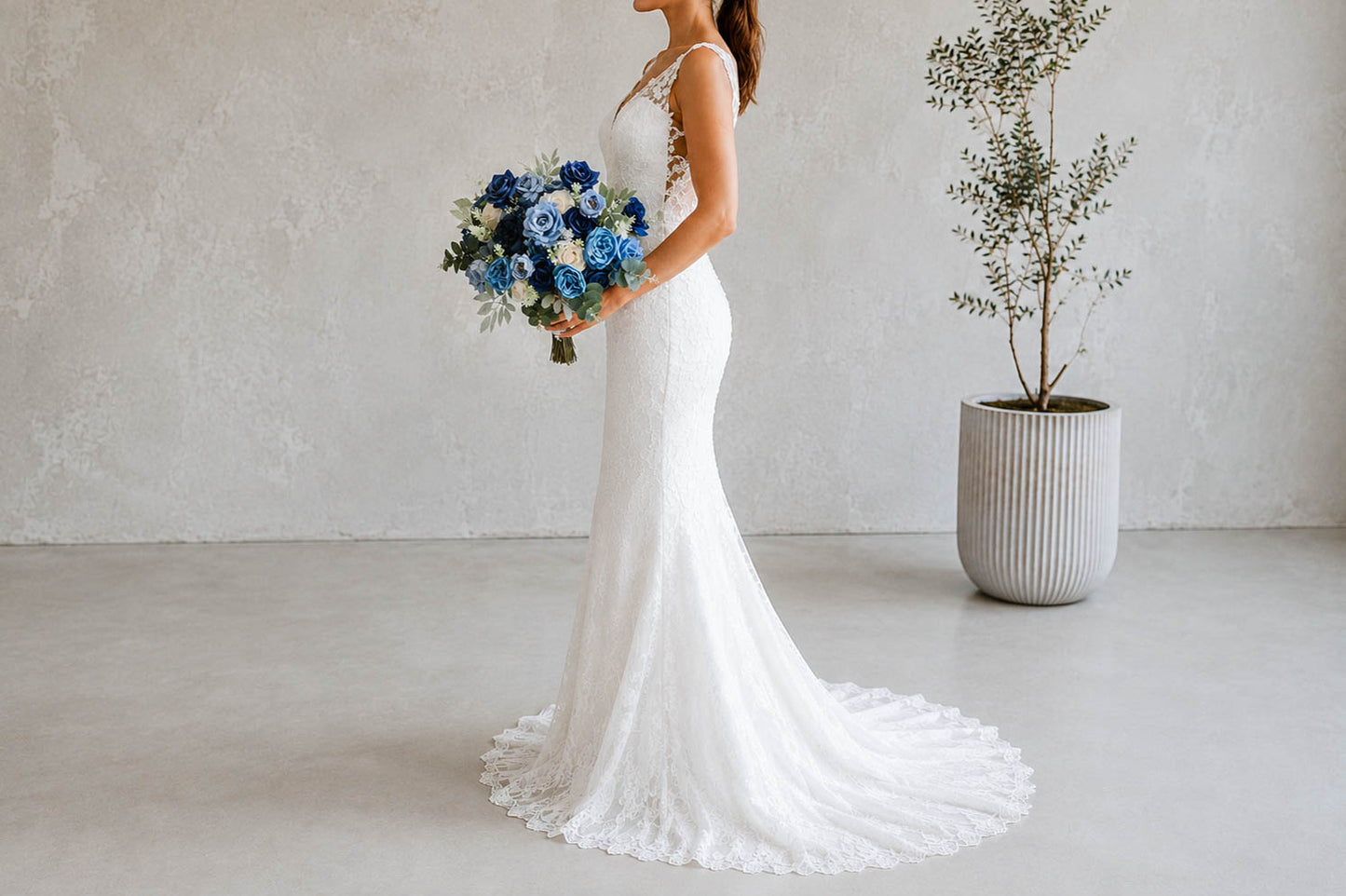 Dusty Blue Silk Wedding Bouquet, Navy Blue Bridal Flowers