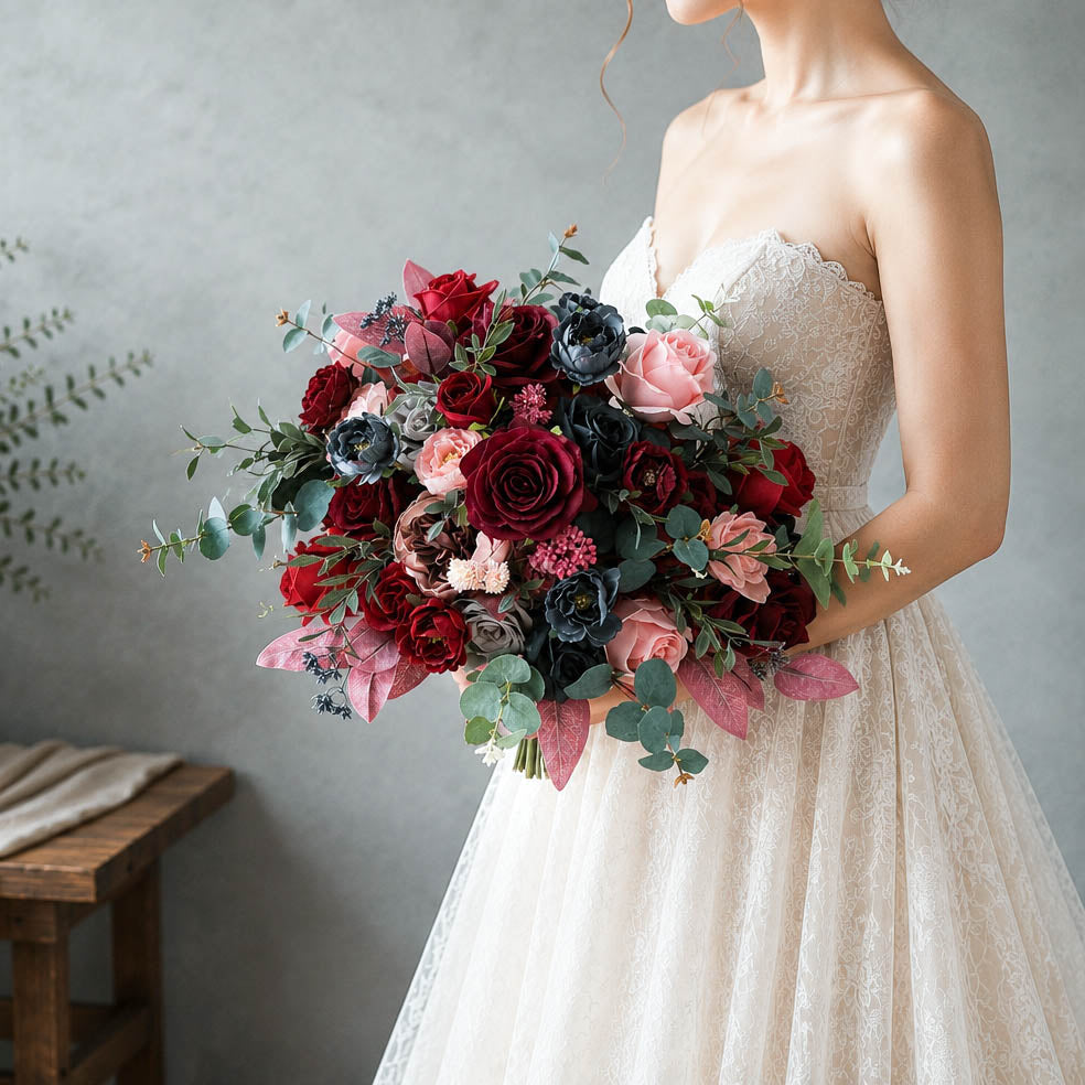 Burgundy Blush & Navy Silk bouquet with rose and eucalyptus