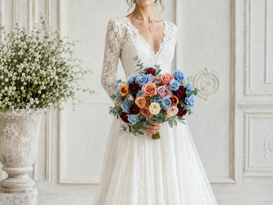 Dusty Blue and Blush Wedding Bouquet, Burgundy Silk Bridal Flowers