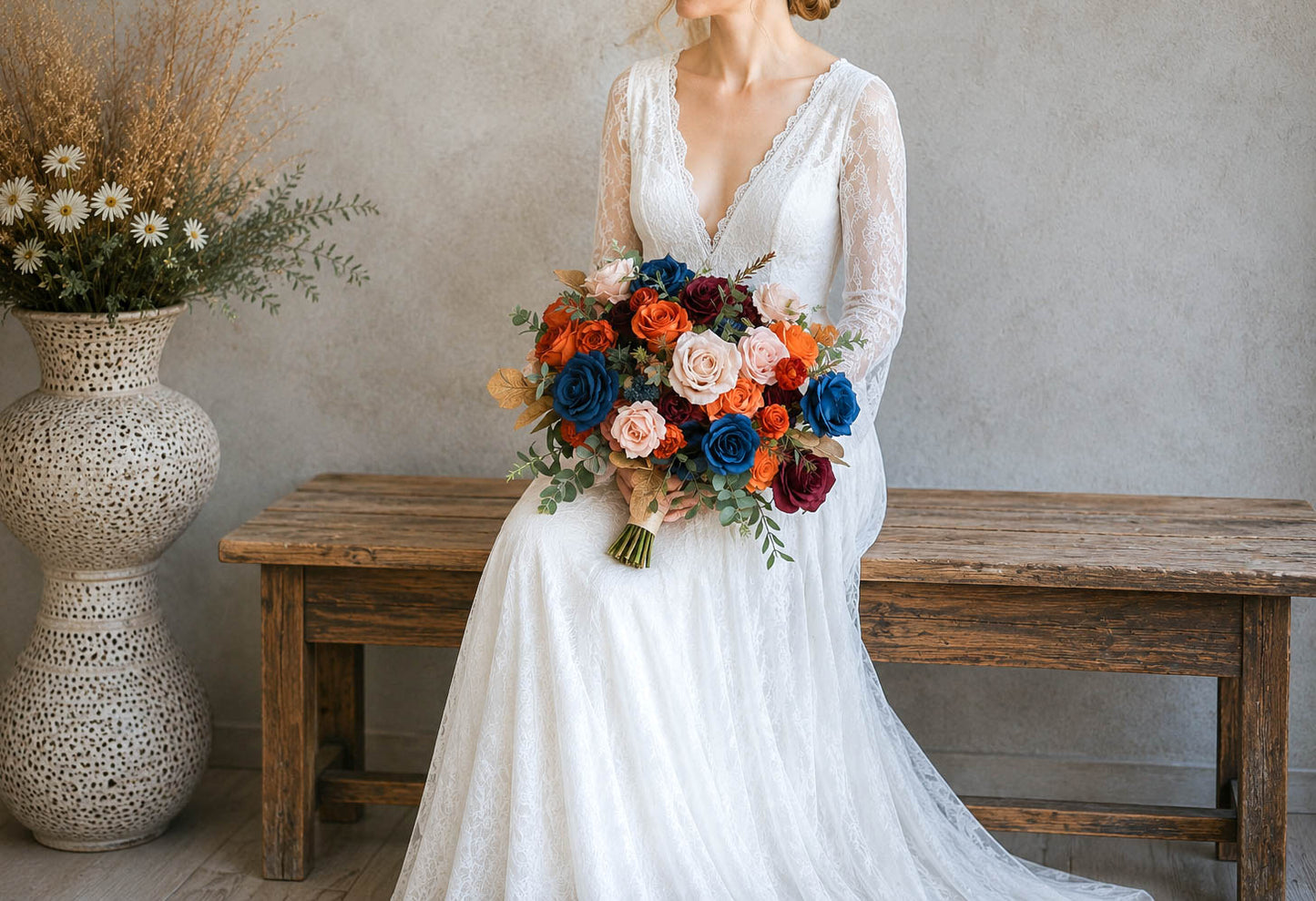 Moody Jewel Tone Wedding Bouquet, Burgundy Orange Navy Silk Bridal Flowers