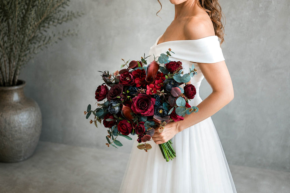 Burgundy Silk Wedding Bouquet, Moody Artificial Bridal Flowers