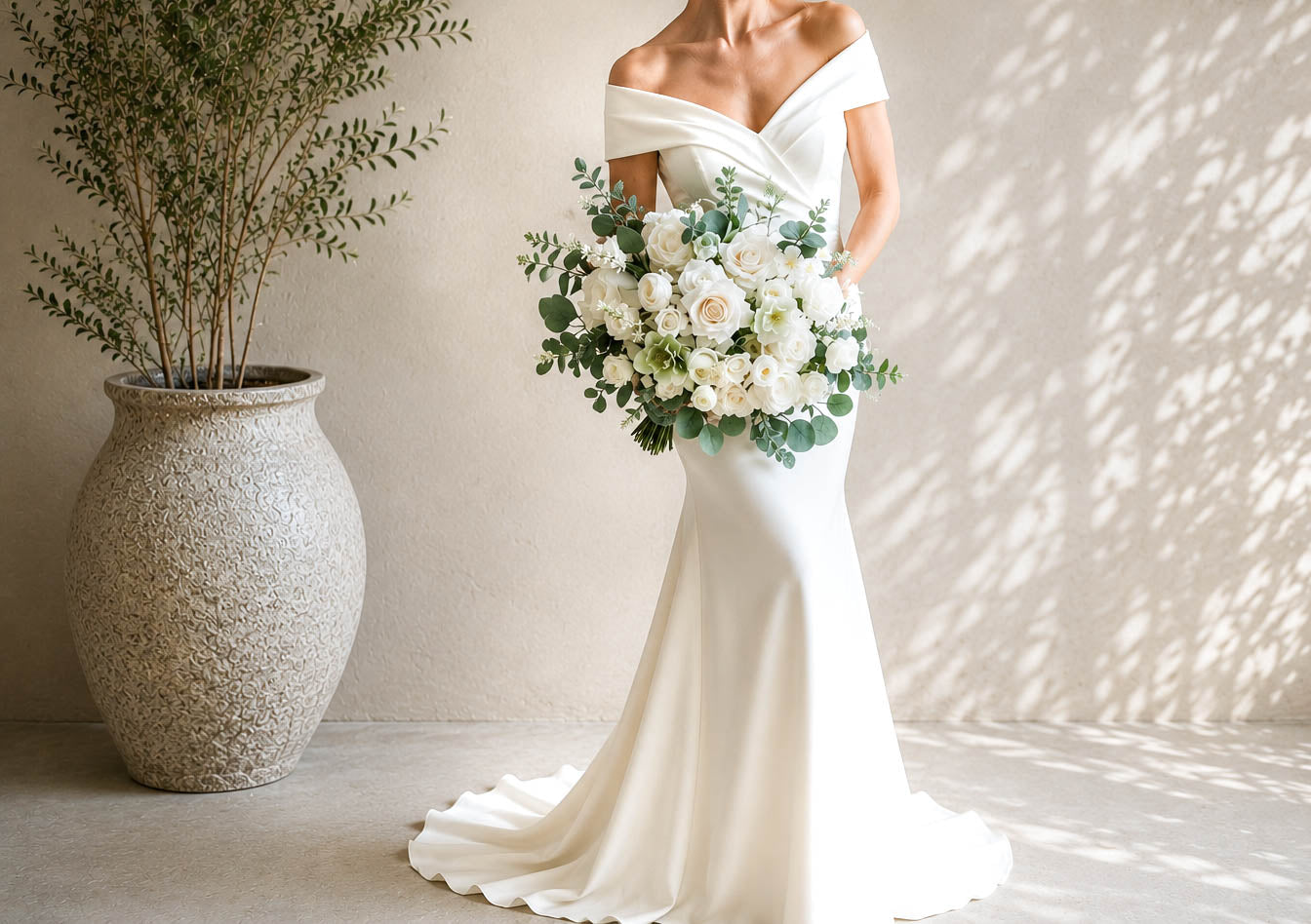 White and Sage Silk Wedding Bouquet, Eucalyptus Artificial Bridal Flowers