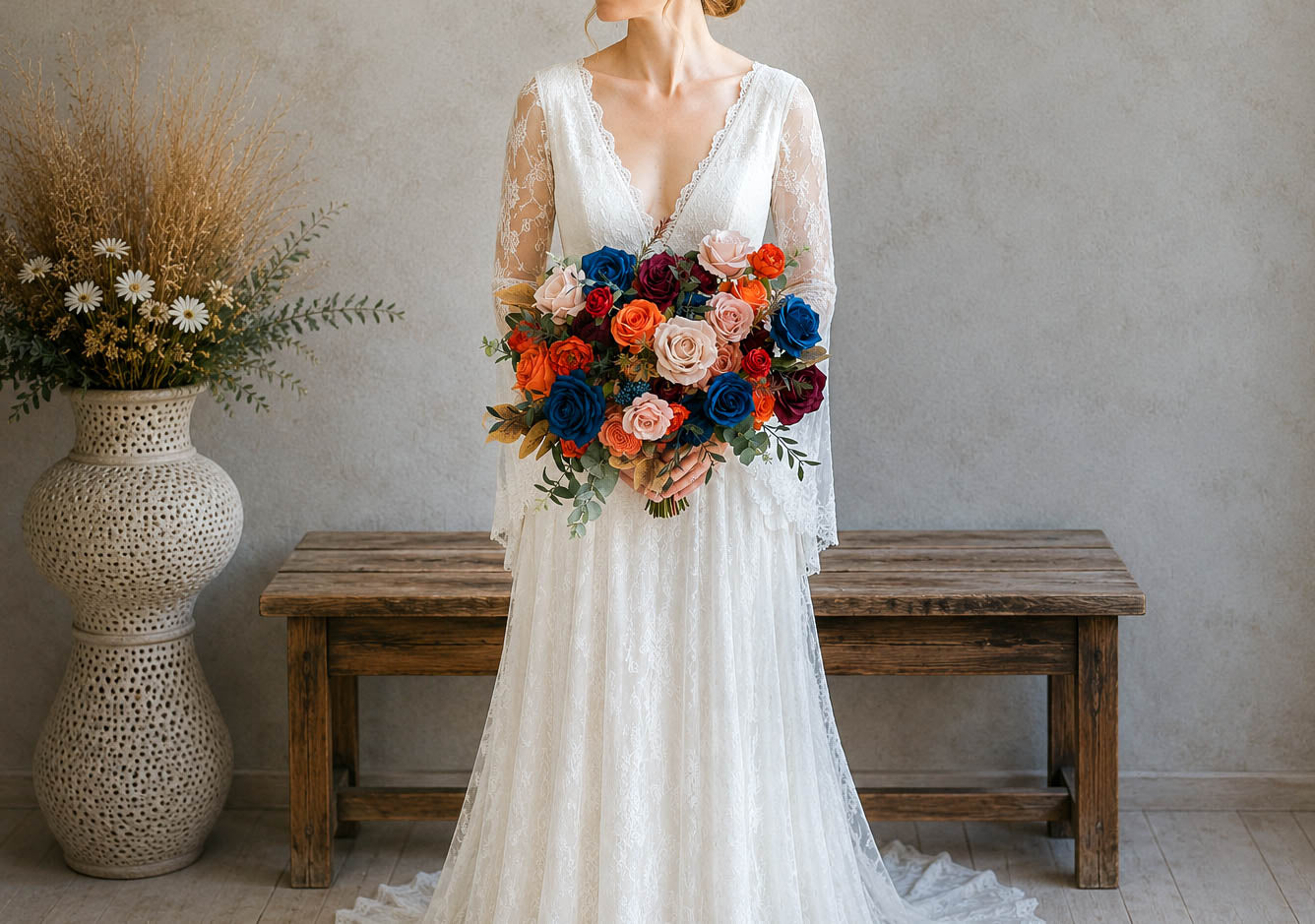 Moody Jewel Tone Wedding Bouquet, Burgundy Orange Navy Silk Bridal Flowers