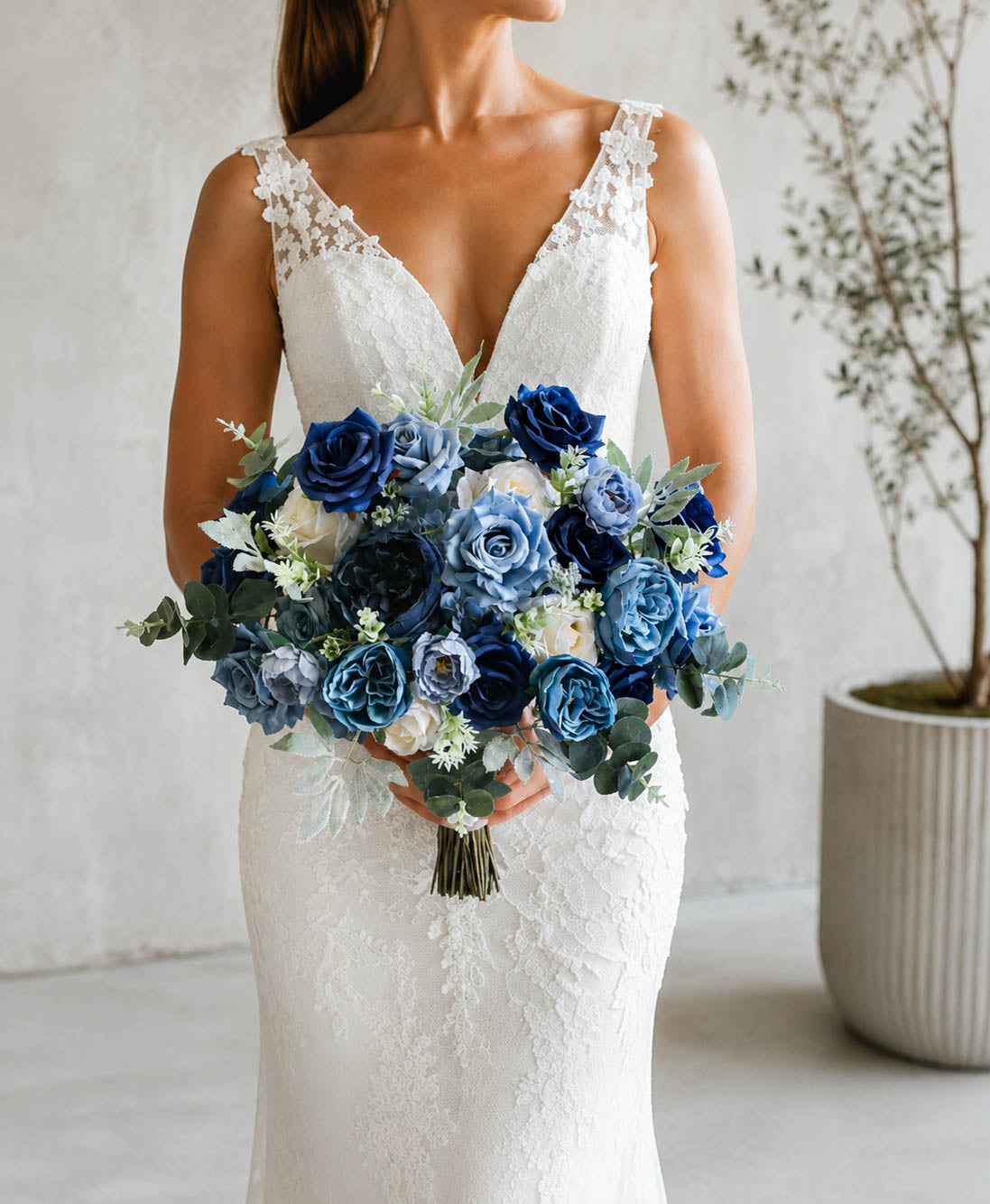 Dusty Blue Silk Wedding Bouquet, Navy Blue Bridal Flowers