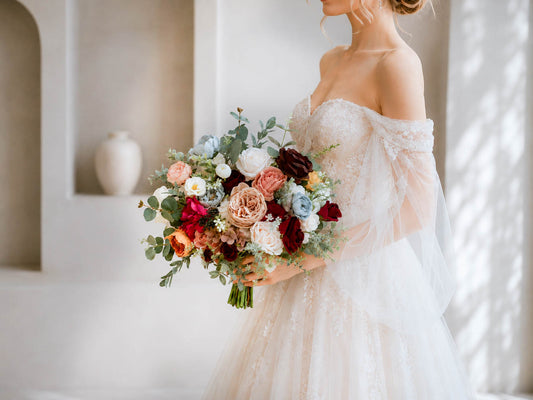 Burgundy and Blush Pink Silk Wedding Bouquet, Romantic Artificial Bridal Flowers