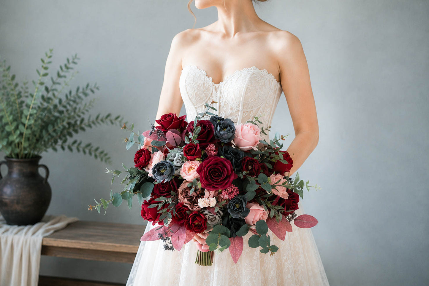 Burgundy Blush & Navy Silk Wedding Bouquet, Dusty Rose Bridal Bouquet