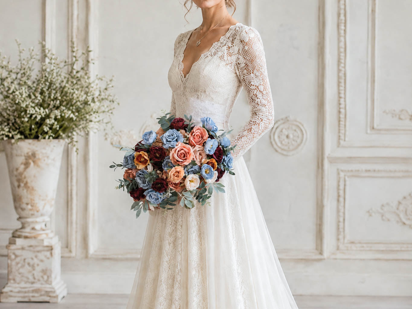 Dusty Blue and Blush Wedding Bouquet, Burgundy Silk Bridal Flowers