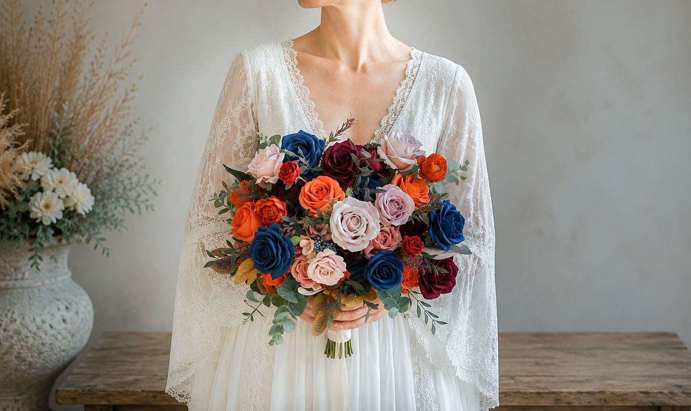 Moody Jewel Tone Wedding Bouquet, Burgundy Orange Navy Silk Bridal Flowers