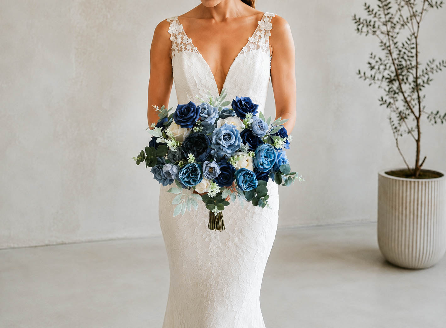 Dusty Blue Silk Wedding Bouquet, Navy Blue Bridal Flowers