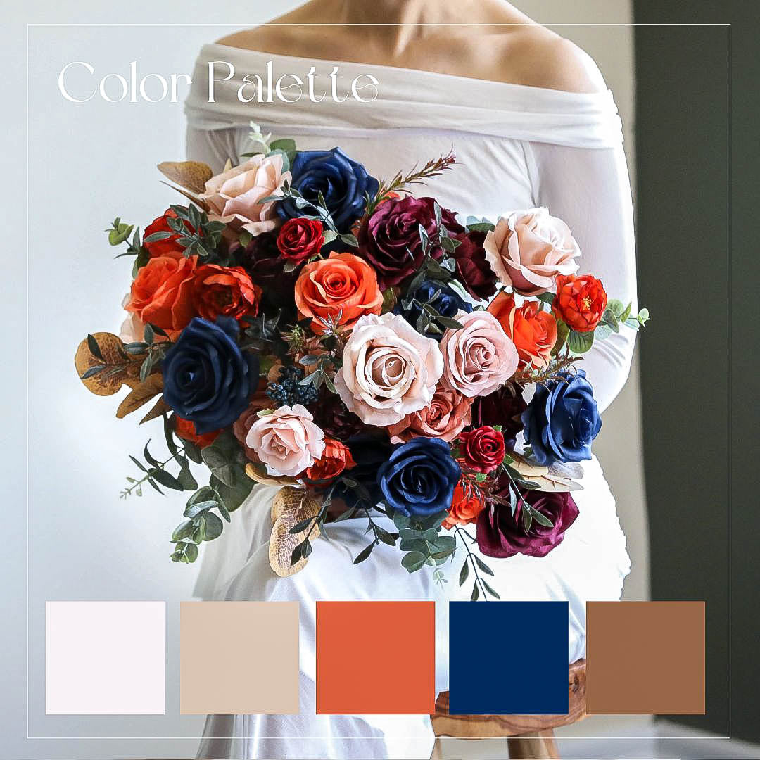 Moody Jewel Tone Wedding Bouquet, Burgundy Orange Navy Silk Bridal Flowers