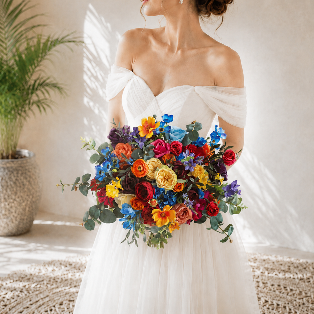 Colorful silk wedding bouquet with roses and eucalyptus