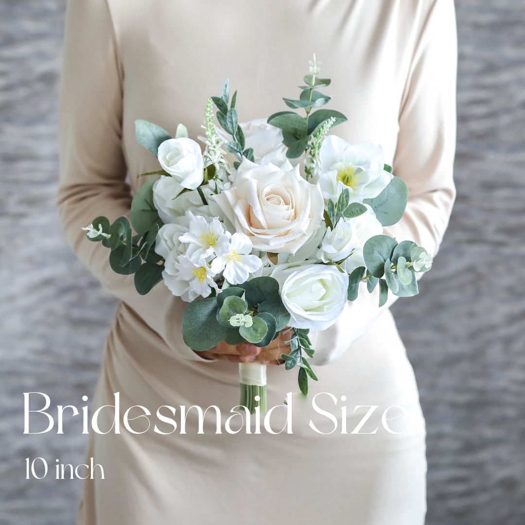 White and Sage Silk Wedding Bouquet, Eucalyptus Artificial Bridal Flowers