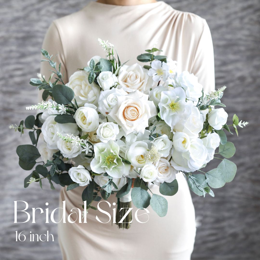 White and Sage Silk Wedding Bouquet, Eucalyptus Artificial Bridal Flowers