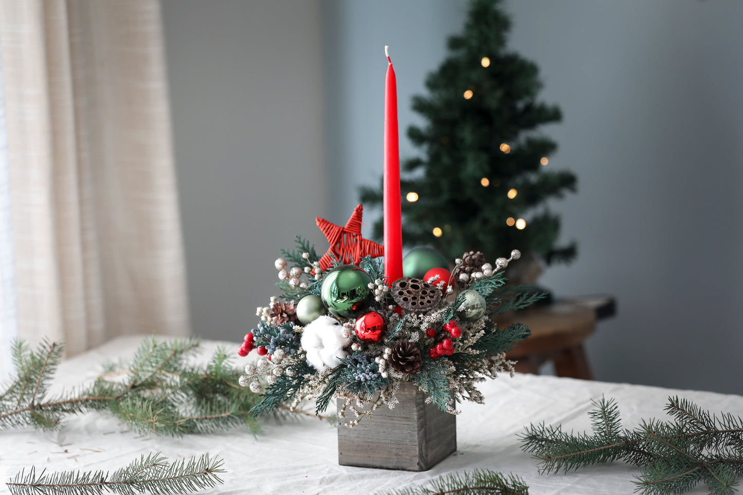 Ornaments & Red Star Candle Centerpiece