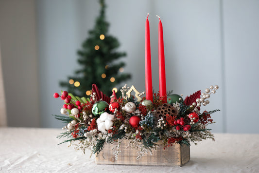 Red & Green Ornaments Candle Centerpiece