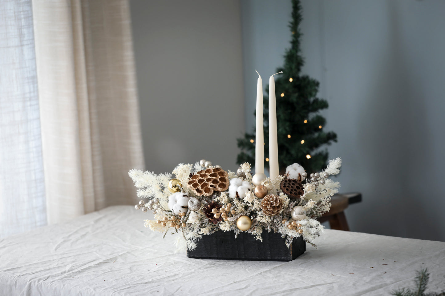 Gold & White Ornaments Candle Centerpiece